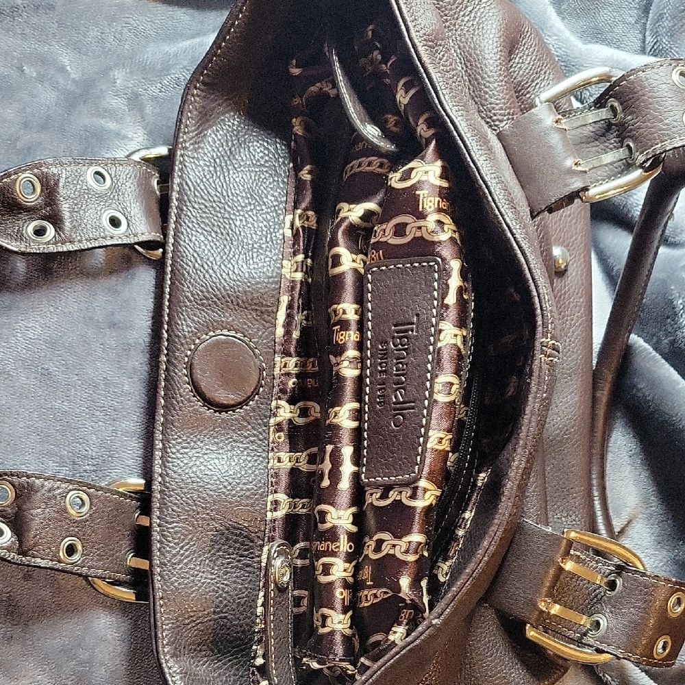 Tignanello Dark Brown Leather Tote with Gold Accents